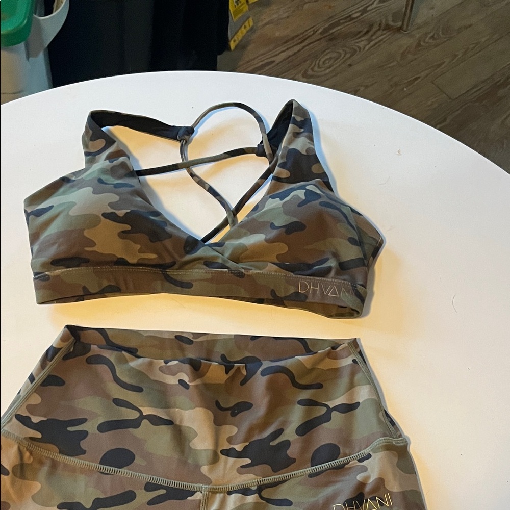 DHVANI Olive Camo Crisscross Sports Bra and pants
